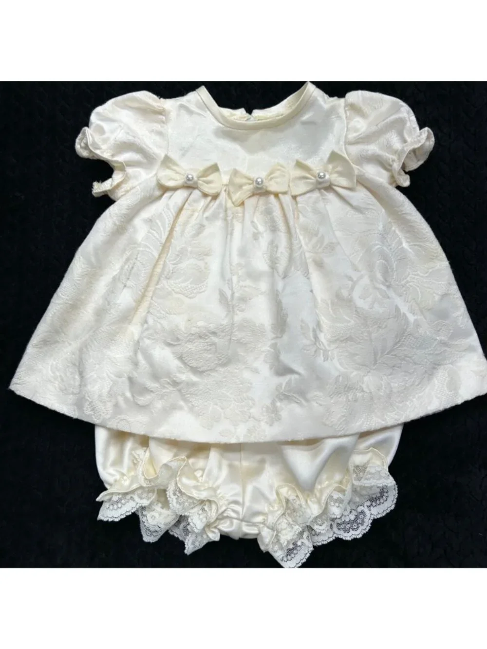 Vintage GOODLAD Elegant Baby Girl Ivory Floral Dress & Bloomers With Lace Trim B